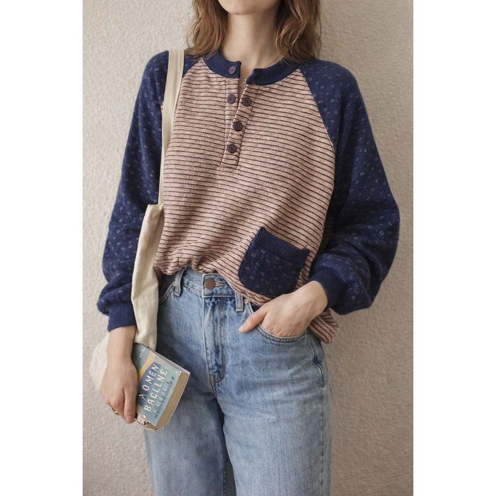 Vintage Patchwork Mixed Pattern Henley Sweater 90… - image 1